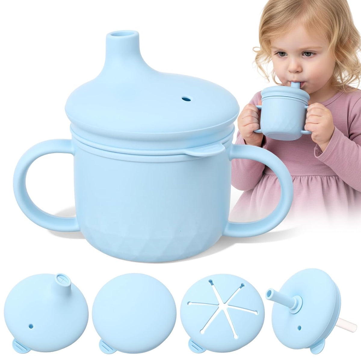 8 oz 3 in 1 Silicone Baby Sippy Cups & Snack Cups with Lid Straw for Toddlers 1-3 Spill Proof Stainless Steel Snack Containers Food Catcher for Baby Toddler Drinking Training(Blue)