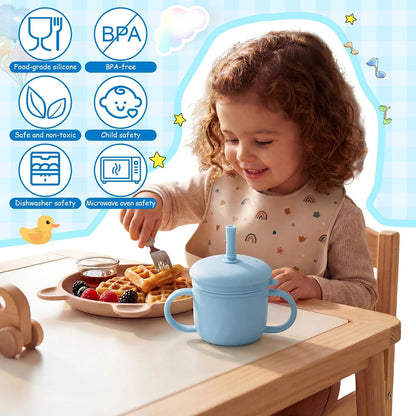 8 oz 3 in 1 Silicone Baby Sippy Cups & Snack Cups with Lid Straw for Toddlers 1-3 Spill Proof Stainless Steel Snack Containers Food Catcher for Baby Toddler Drinking Training(Blue)