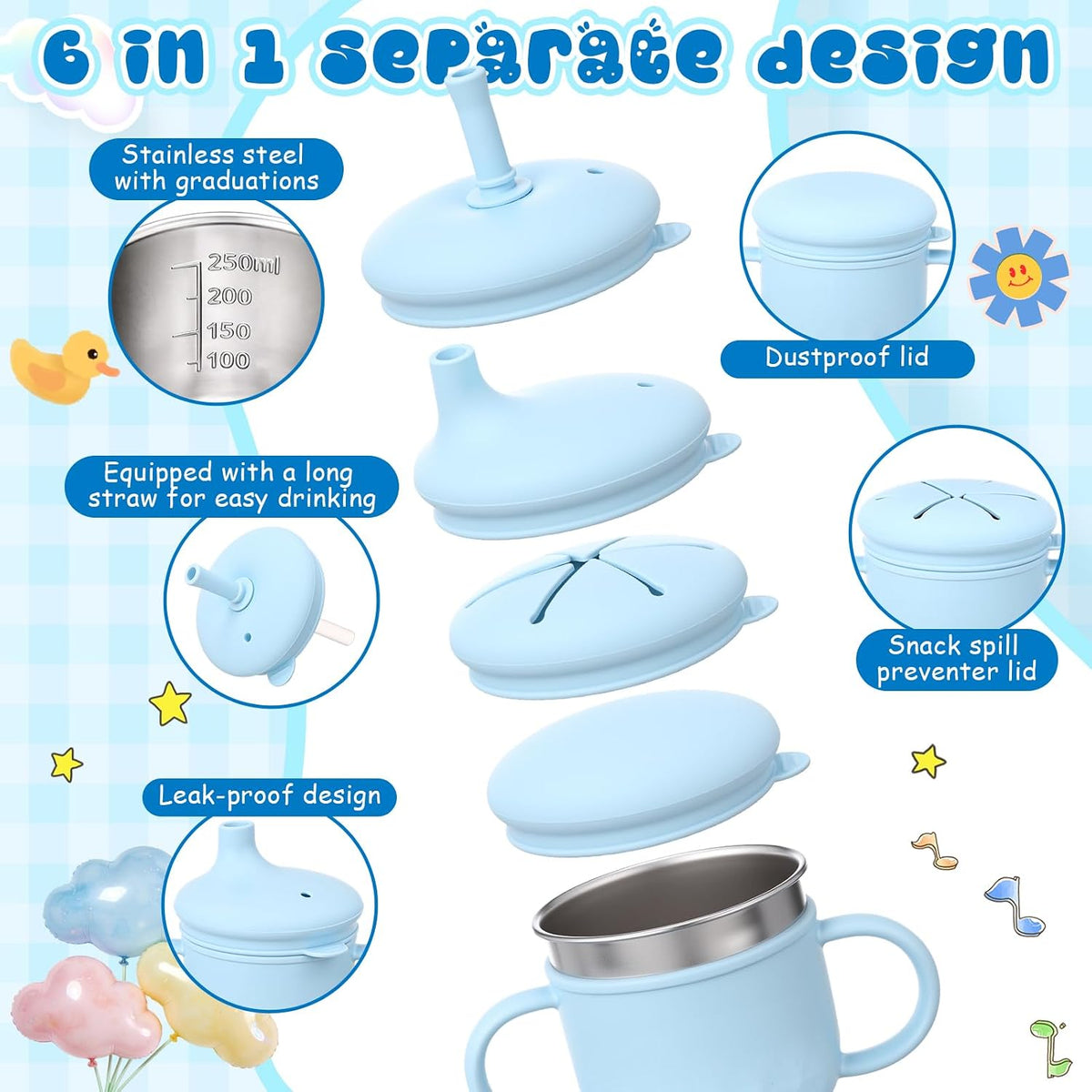8 oz 3 in 1 Silicone Baby Sippy Cups & Snack Cups with Lid Straw for Toddlers 1-3 Spill Proof Stainless Steel Snack Containers Food Catcher for Baby Toddler Drinking Training(Blue)