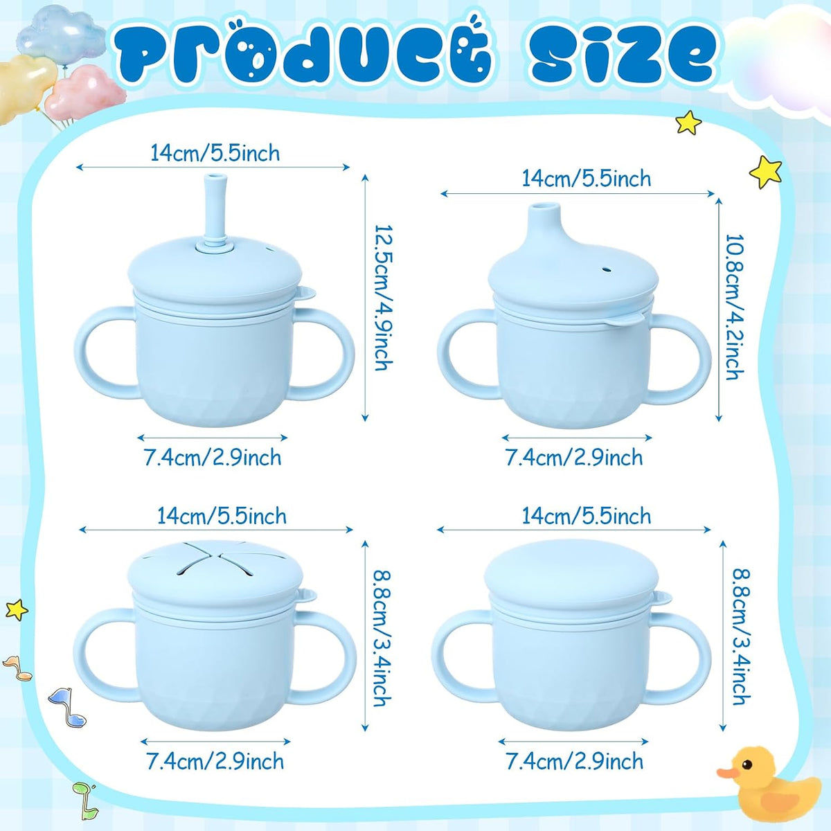8 oz 3 in 1 Silicone Baby Sippy Cups & Snack Cups with Lid Straw for Toddlers 1-3 Spill Proof Stainless Steel Snack Containers Food Catcher for Baby Toddler Drinking Training(Blue)
