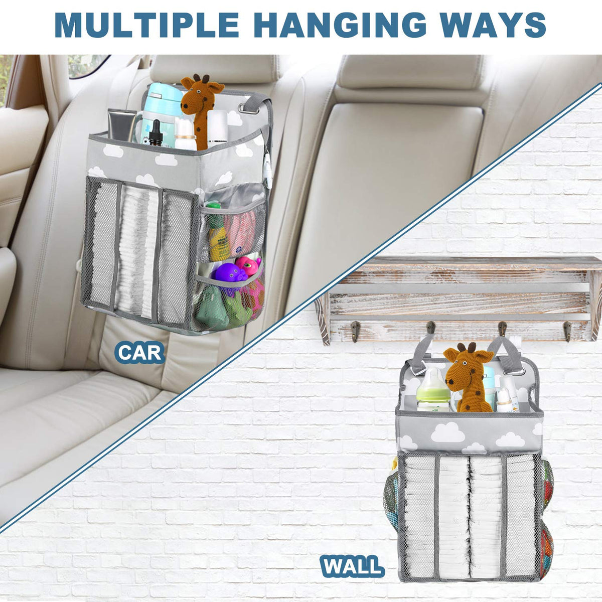 Diaper Caddy Hanging Diaper Caddy Organizer, Hanging Nursery Nappy Organiser Diaper Holder Caddy Stacker for Baby Girl Boy Crib Changing Table Playard Wall Baby Shower Gifts Bedside Storage Bag -Grey