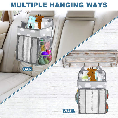 Diaper Caddy Hanging Diaper Caddy Organizer, Hanging Nursery Nappy Organiser Diaper Holder Caddy Stacker for Baby Girl Boy Crib Changing Table Playard Wall Baby Shower Gifts Bedside Storage Bag -Grey
