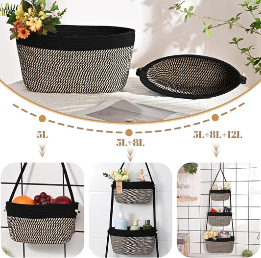 Hanging Basket, 3-Tier Woven Wall Basket with 4 Hooks, Cotton Rope Storage Baskets, Over the Door Organizer for Nursery, Bedroom, Cottage and Boho Wall Decor