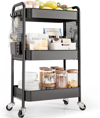 3 Tier Rolling Cart, Metal Utility Storage Cart with Pegboard, Green