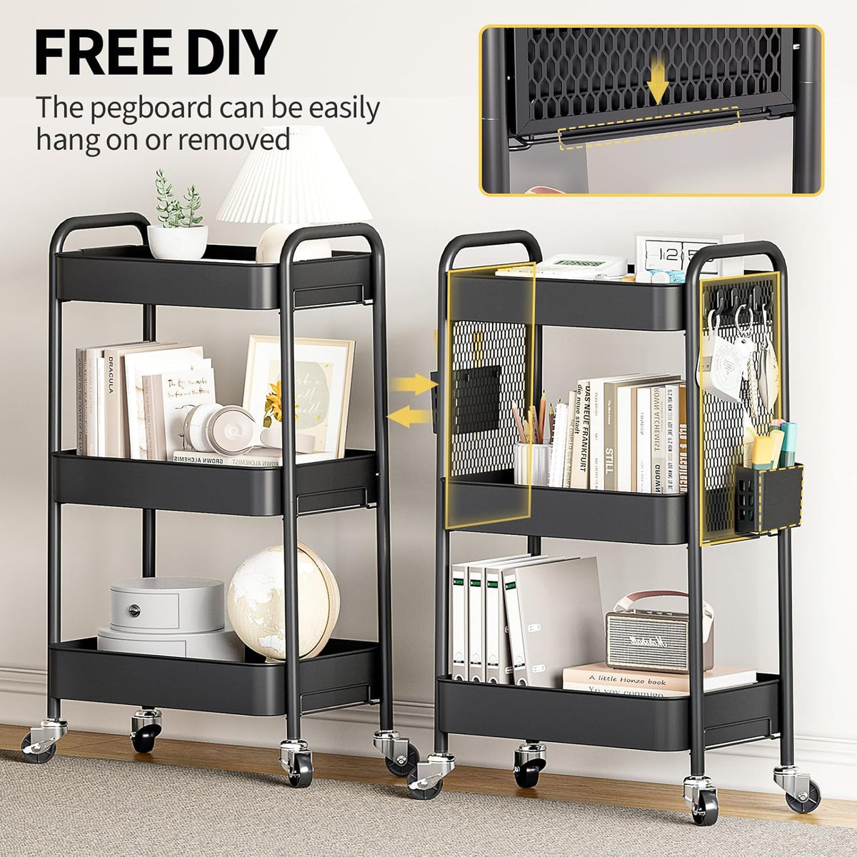 3 Tier Rolling Cart, Metal Utility Storage Cart with Pegboard, Green
