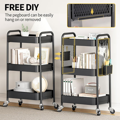 3 Tier Rolling Cart, Metal Utility Storage Cart with Pegboard, Green