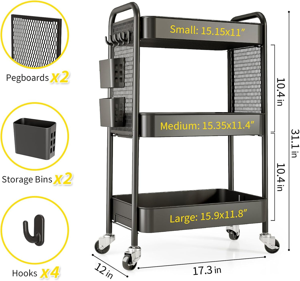 3 Tier Rolling Cart, Metal Utility Storage Cart with Pegboard, Green