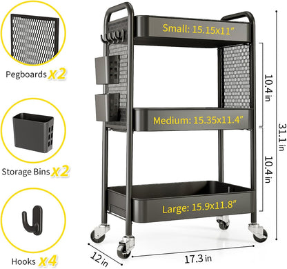 3 Tier Rolling Cart, Metal Utility Storage Cart with Pegboard, Green