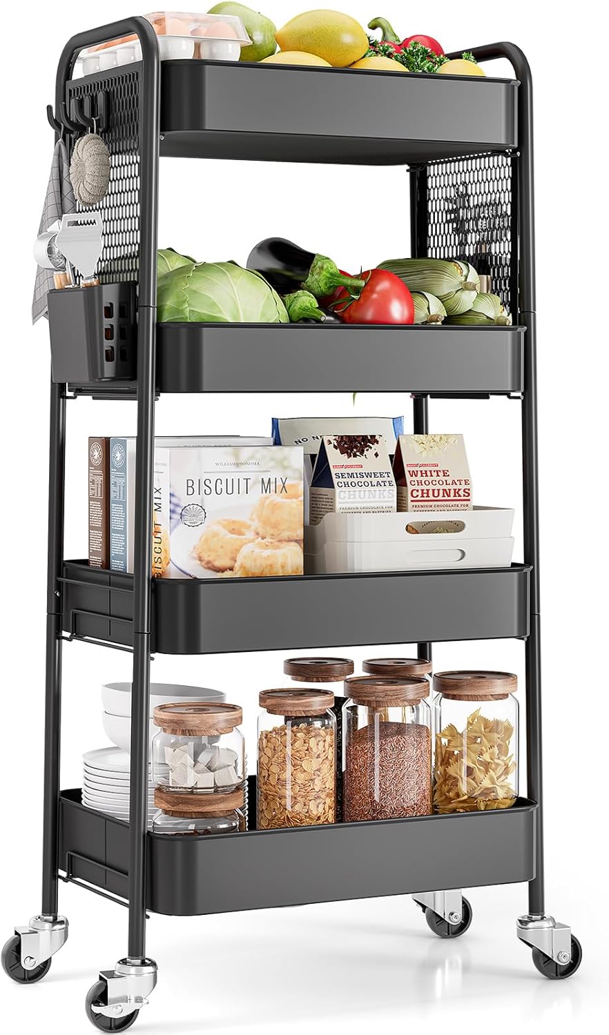 3 Tier Rolling Cart, Metal Utility Storage Cart with Pegboard, Green