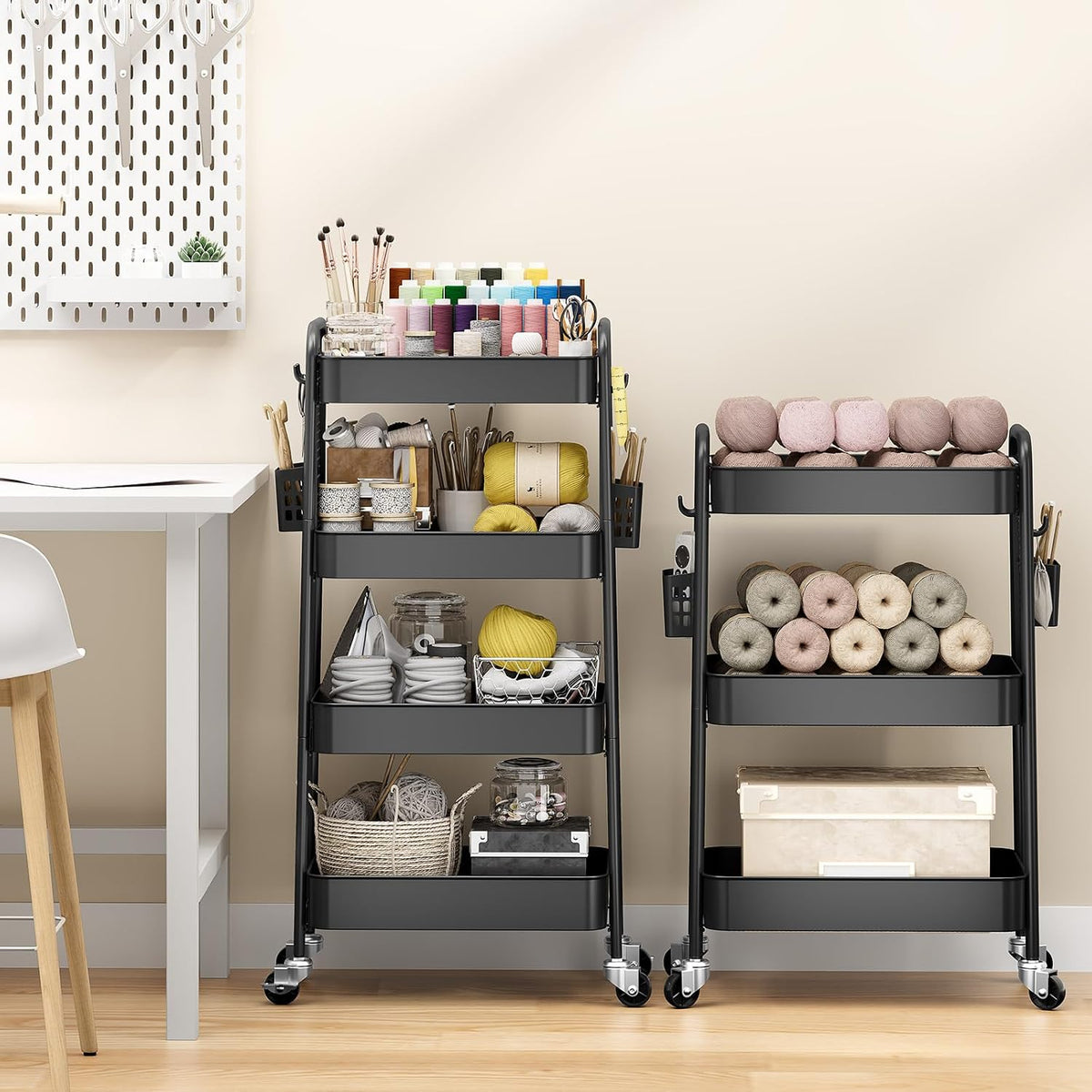 3 Tier Rolling Cart, Metal Utility Storage Cart with Pegboard, Green