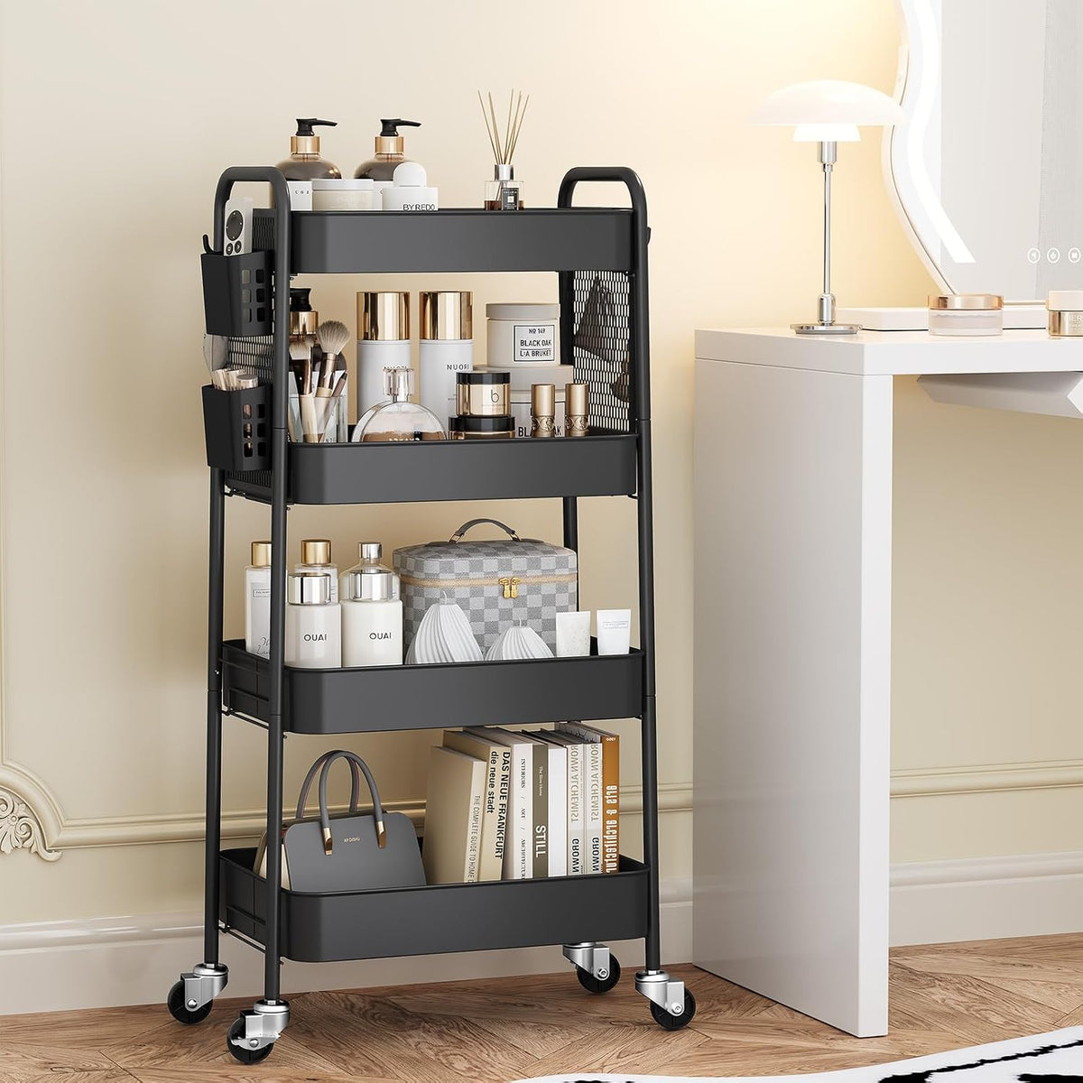 3 Tier Rolling Cart, Metal Utility Storage Cart with Pegboard, Green