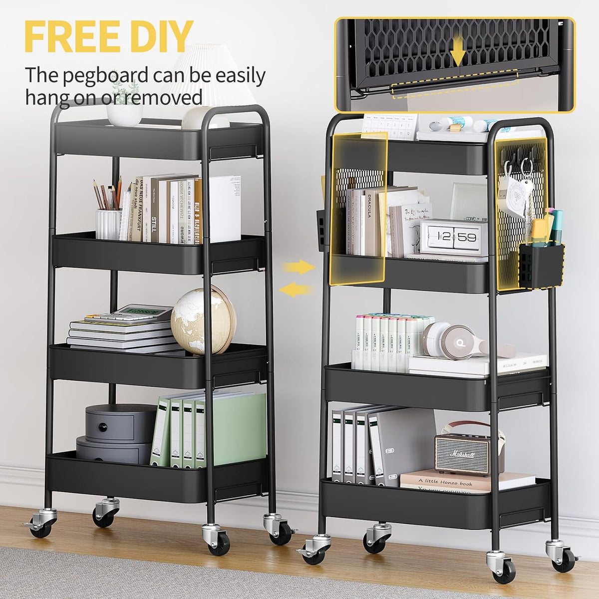 3 Tier Rolling Cart, Metal Utility Storage Cart with Pegboard, Green