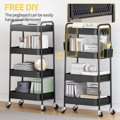 3 Tier Rolling Cart, Metal Utility Storage Cart with Pegboard, Green