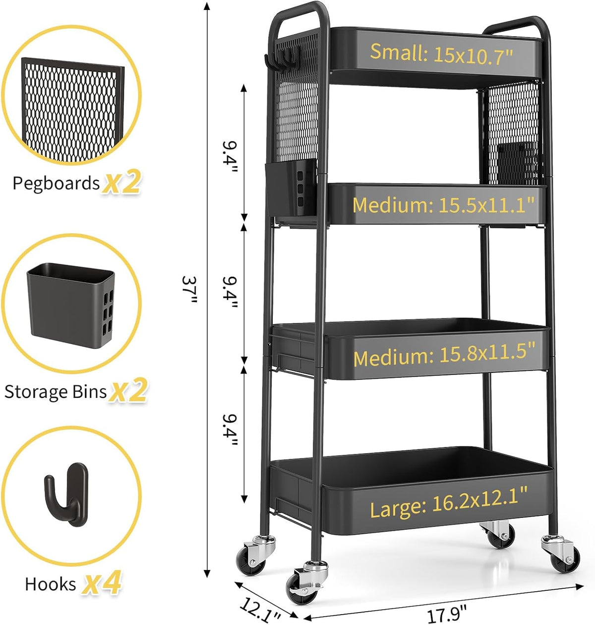 3 Tier Rolling Cart, Metal Utility Storage Cart with Pegboard, Green