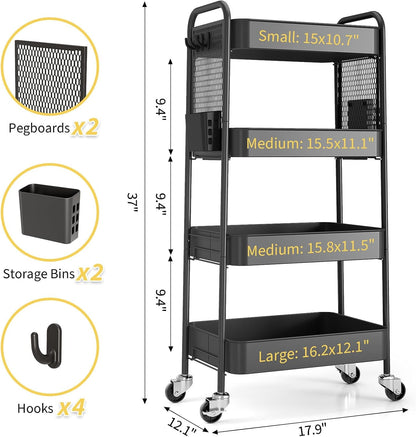 3 Tier Rolling Cart, Metal Utility Storage Cart with Pegboard, Green