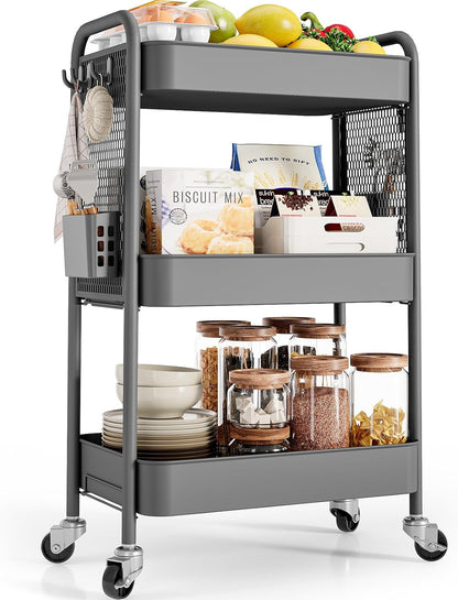 3 Tier Rolling Cart, Metal Utility Storage Cart with Pegboard, Green