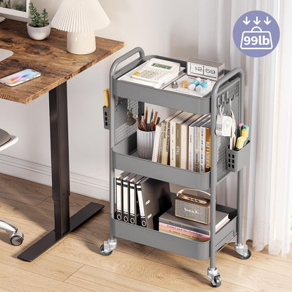 3 Tier Rolling Cart, Metal Utility Storage Cart with Pegboard, Green