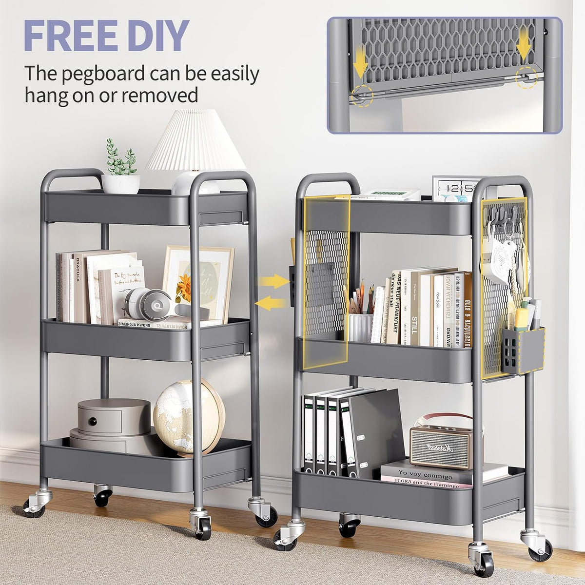3 Tier Rolling Cart, Metal Utility Storage Cart with Pegboard, Green