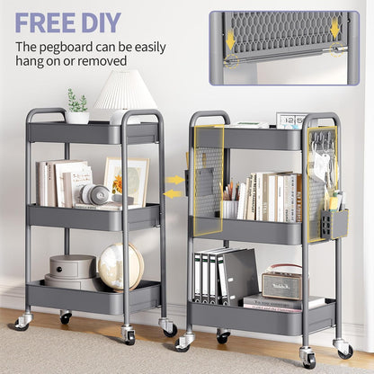3 Tier Rolling Cart, Metal Utility Storage Cart with Pegboard, Green