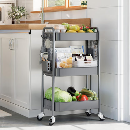 3 Tier Rolling Cart, Metal Utility Storage Cart with Pegboard, Green