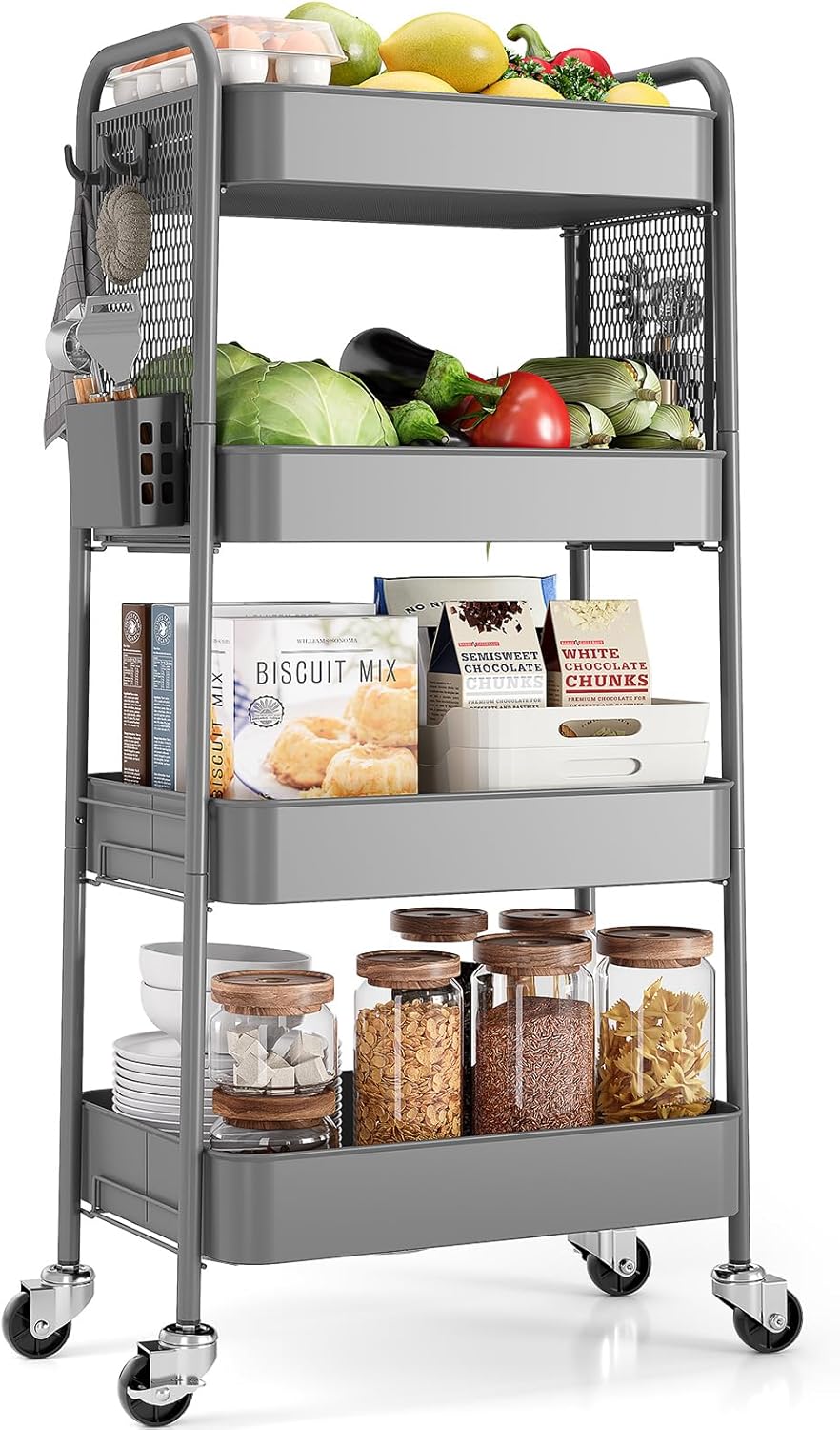 3 Tier Rolling Cart, Metal Utility Storage Cart with Pegboard, Green