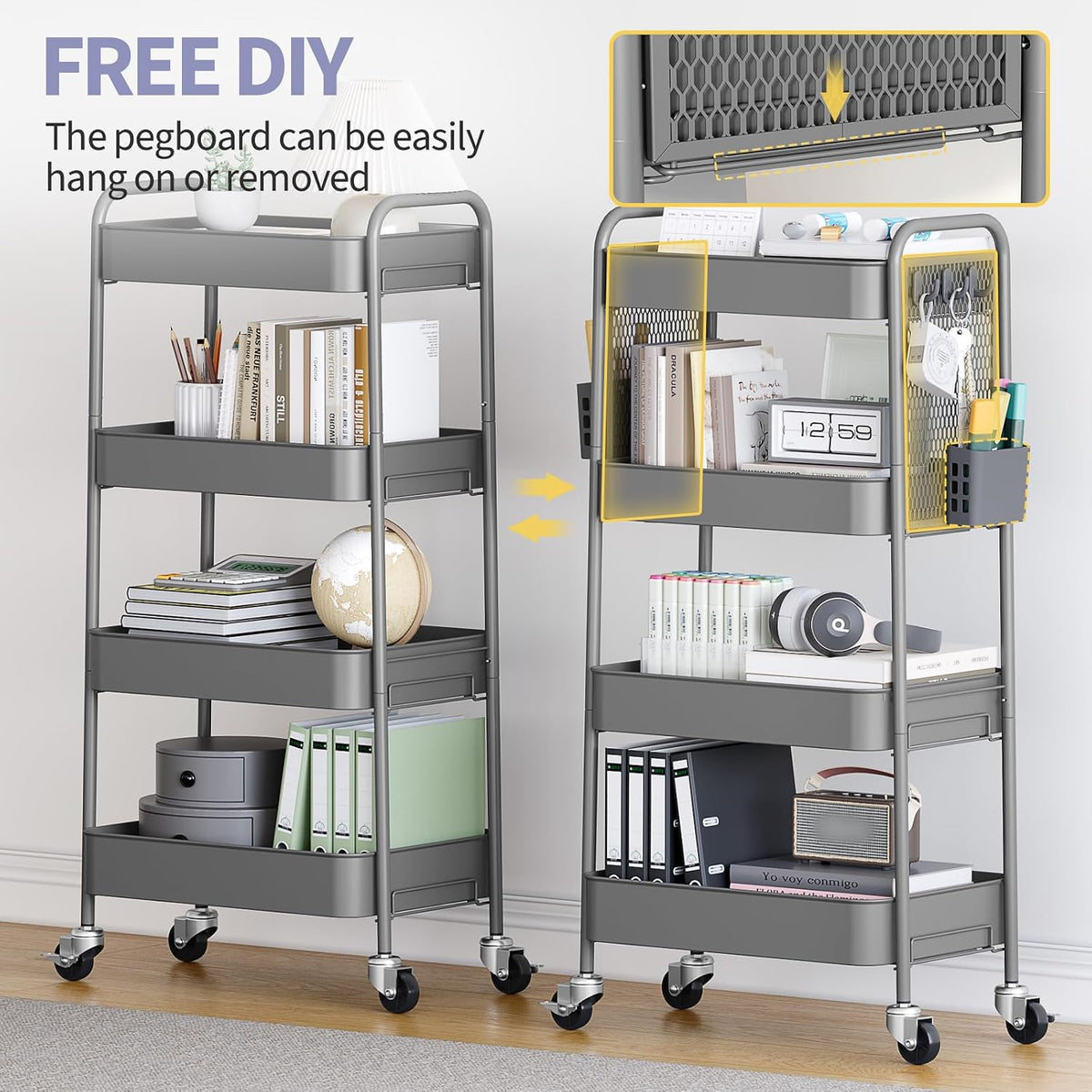 3 Tier Rolling Cart, Metal Utility Storage Cart with Pegboard, Green