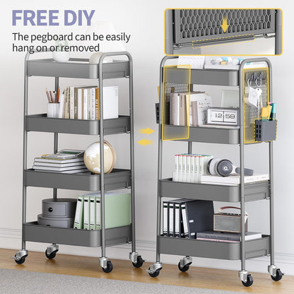 3 Tier Rolling Cart, Metal Utility Storage Cart with Pegboard, Green