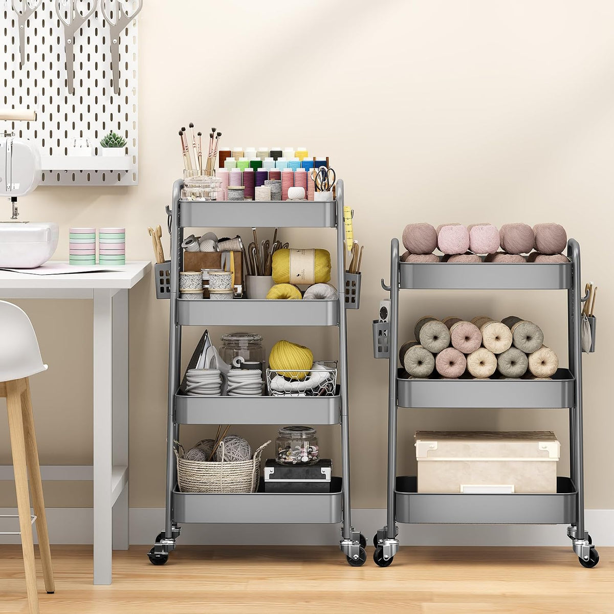 3 Tier Rolling Cart, Metal Utility Storage Cart with Pegboard, Green