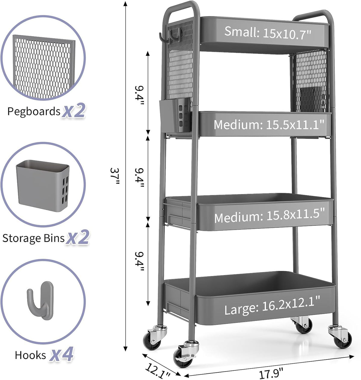 3 Tier Rolling Cart, Metal Utility Storage Cart with Pegboard, Green