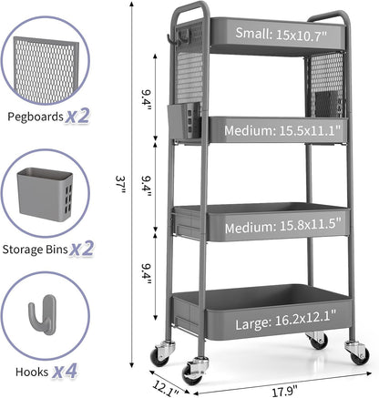 3 Tier Rolling Cart, Metal Utility Storage Cart with Pegboard, Green
