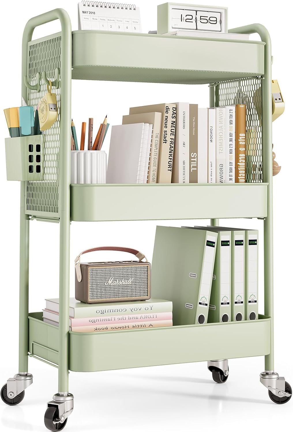 3 Tier Rolling Cart, Metal Utility Storage Cart with Pegboard, Green