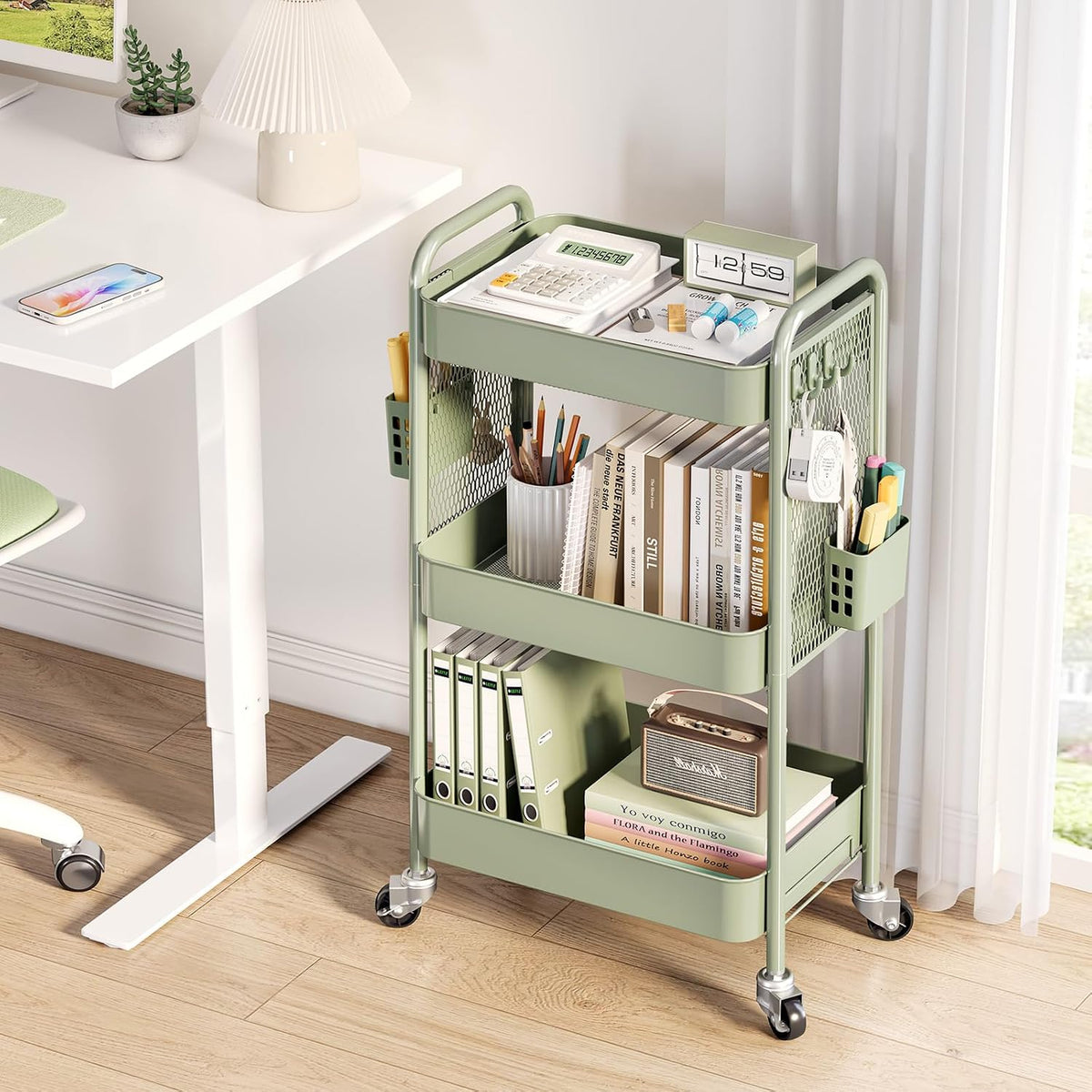 3 Tier Rolling Cart, Metal Utility Storage Cart with Pegboard, Green