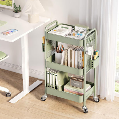 3 Tier Rolling Cart, Metal Utility Storage Cart with Pegboard, Green