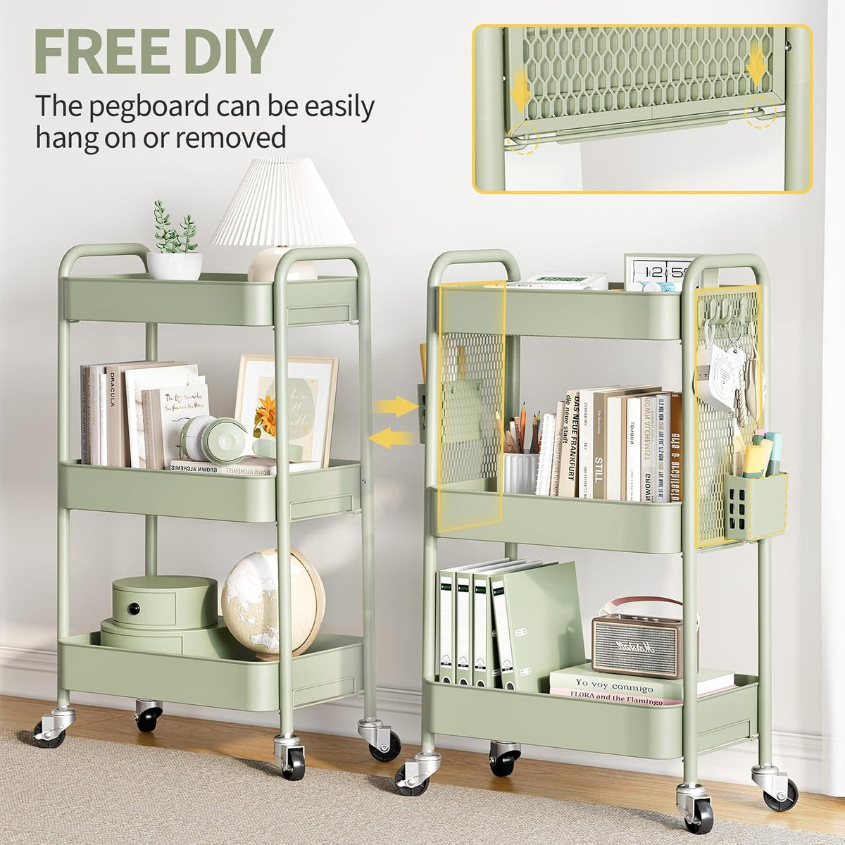 3 Tier Rolling Cart, Metal Utility Storage Cart with Pegboard, Green