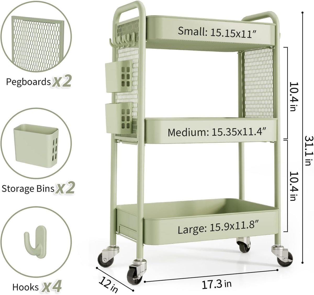 3 Tier Rolling Cart, Metal Utility Storage Cart with Pegboard, Green