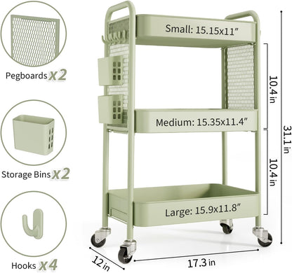3 Tier Rolling Cart, Metal Utility Storage Cart with Pegboard, Green