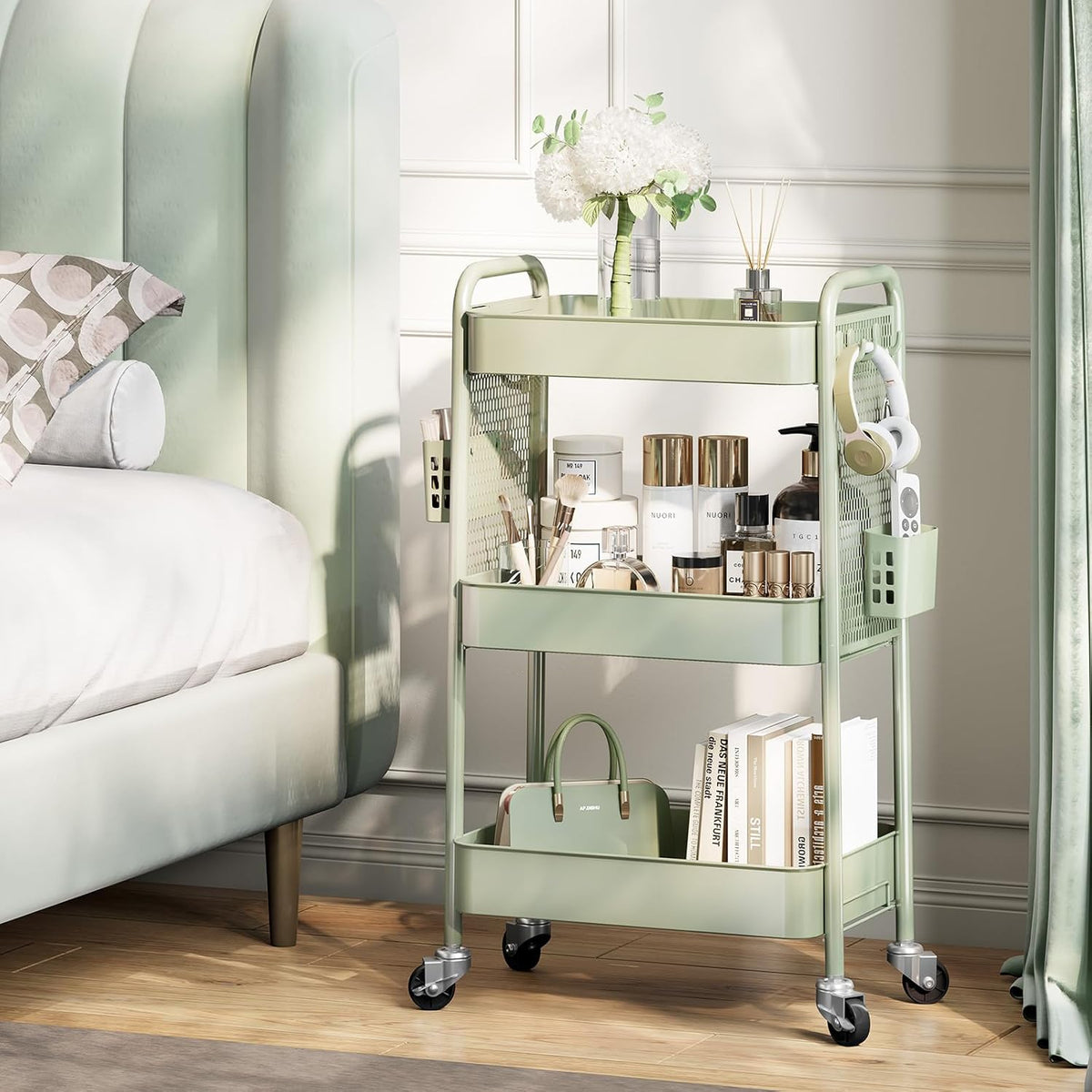 3 Tier Rolling Cart, Metal Utility Storage Cart with Pegboard, Green