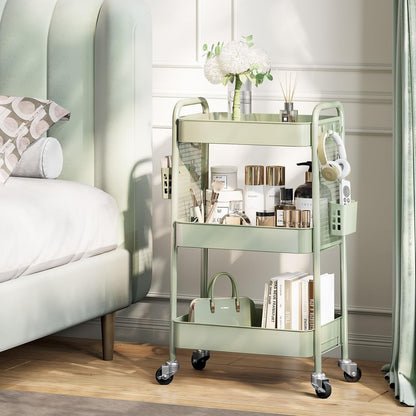3 Tier Rolling Cart, Metal Utility Storage Cart with Pegboard, Green