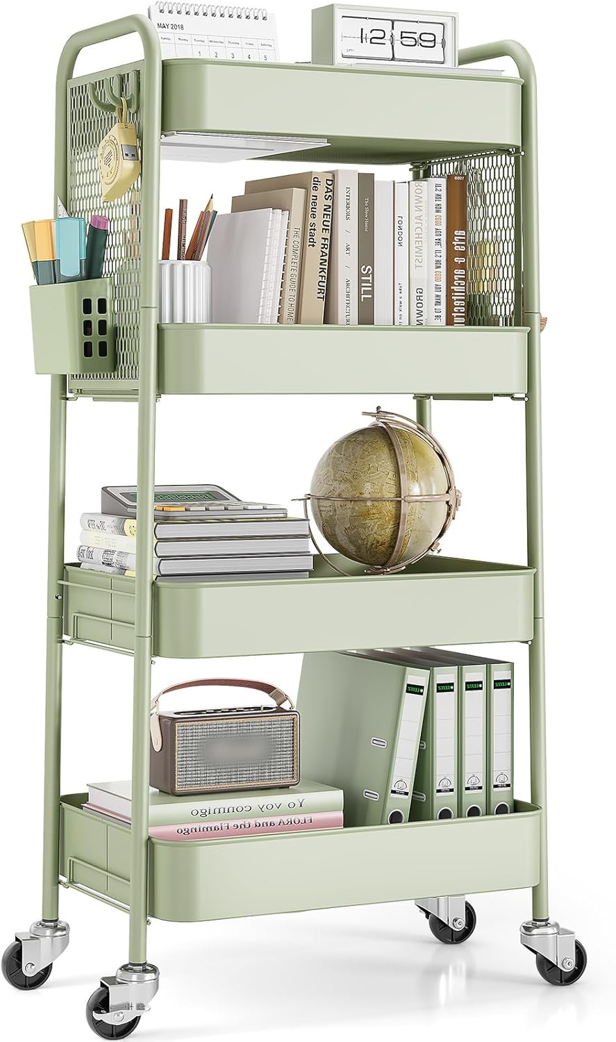 3 Tier Rolling Cart, Metal Utility Storage Cart with Pegboard, Green