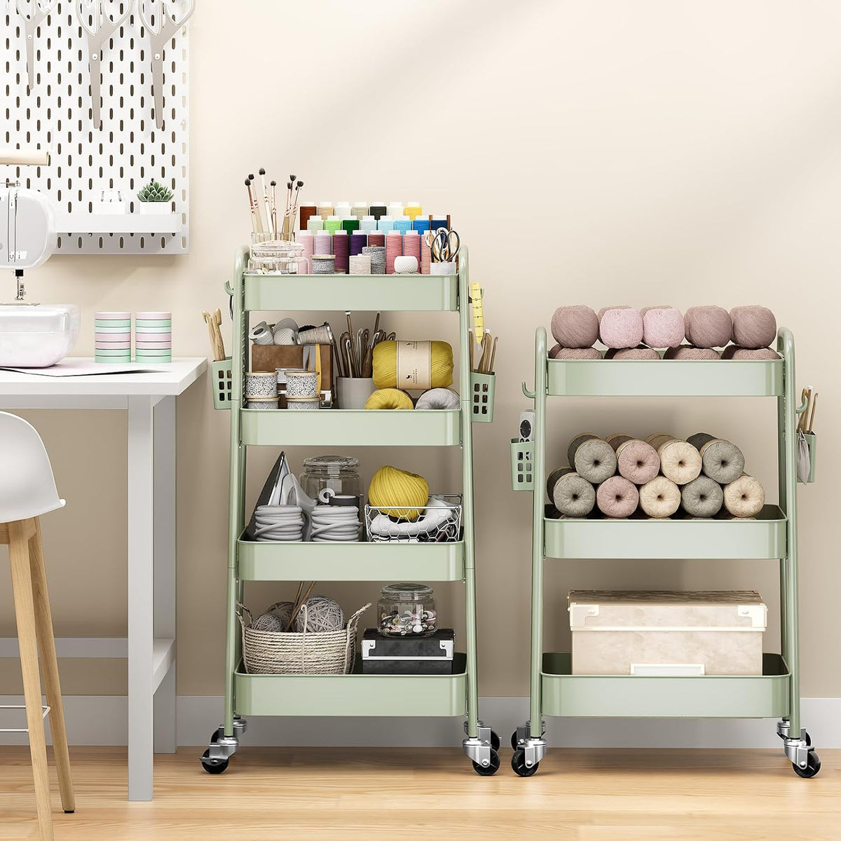3 Tier Rolling Cart, Metal Utility Storage Cart with Pegboard, Green