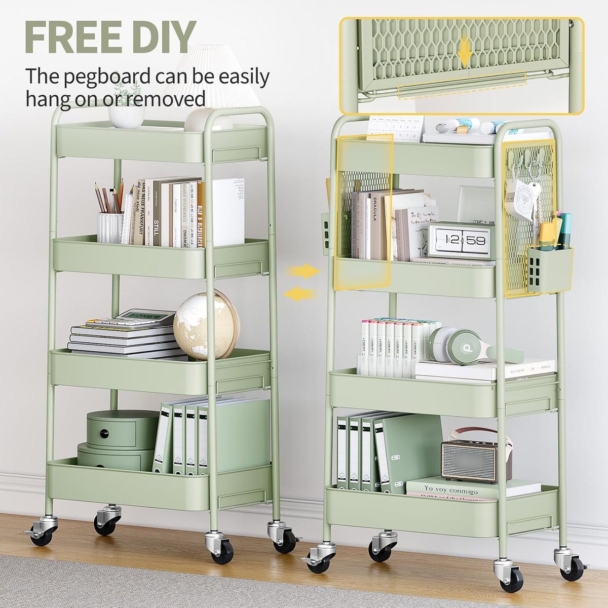 3 Tier Rolling Cart, Metal Utility Storage Cart with Pegboard, Green