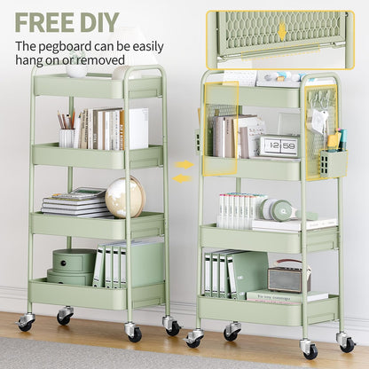 3 Tier Rolling Cart, Metal Utility Storage Cart with Pegboard, Green