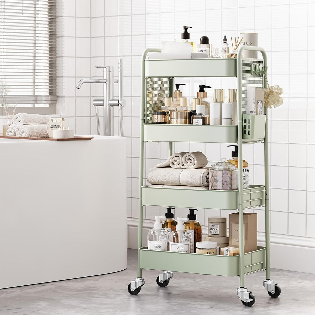 3 Tier Rolling Cart, Metal Utility Storage Cart with Pegboard, Green