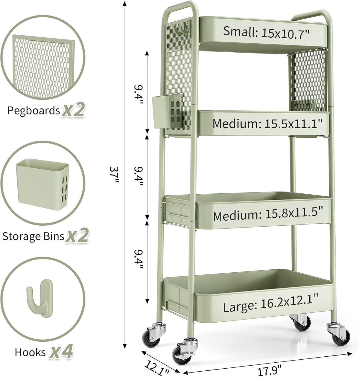 3 Tier Rolling Cart, Metal Utility Storage Cart with Pegboard, Green