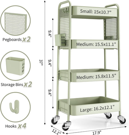 3 Tier Rolling Cart, Metal Utility Storage Cart with Pegboard, Green