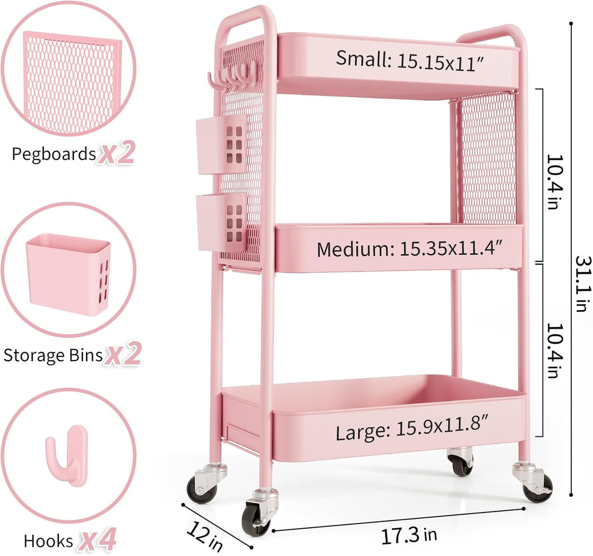 3 Tier Rolling Cart, Metal Utility Storage Cart with Pegboard, Green