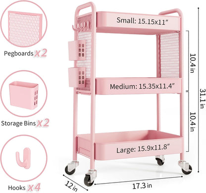 3 Tier Rolling Cart, Metal Utility Storage Cart with Pegboard, Green