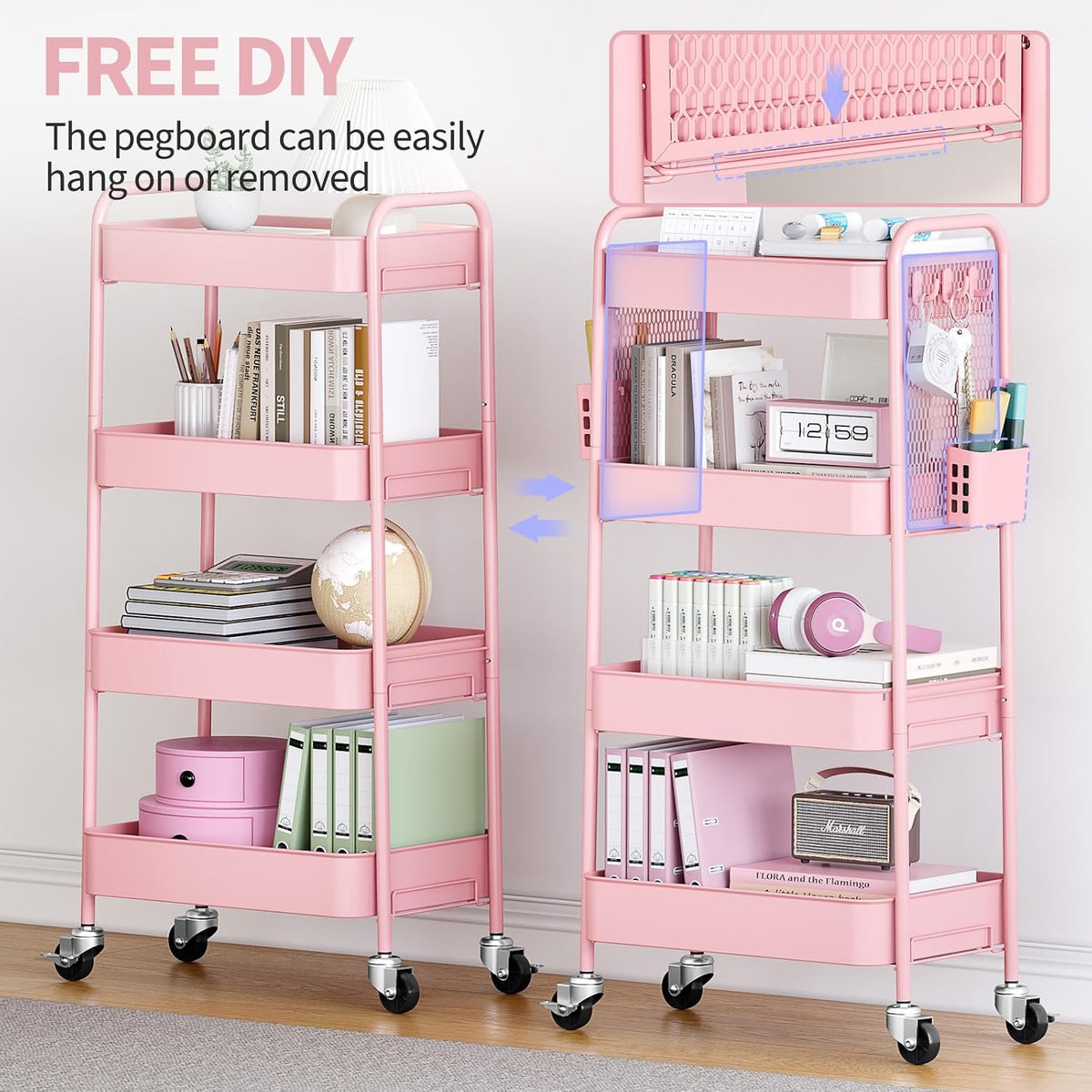 3 Tier Rolling Cart, Metal Utility Storage Cart with Pegboard, Green