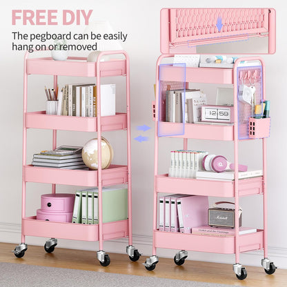 3 Tier Rolling Cart, Metal Utility Storage Cart with Pegboard, Green