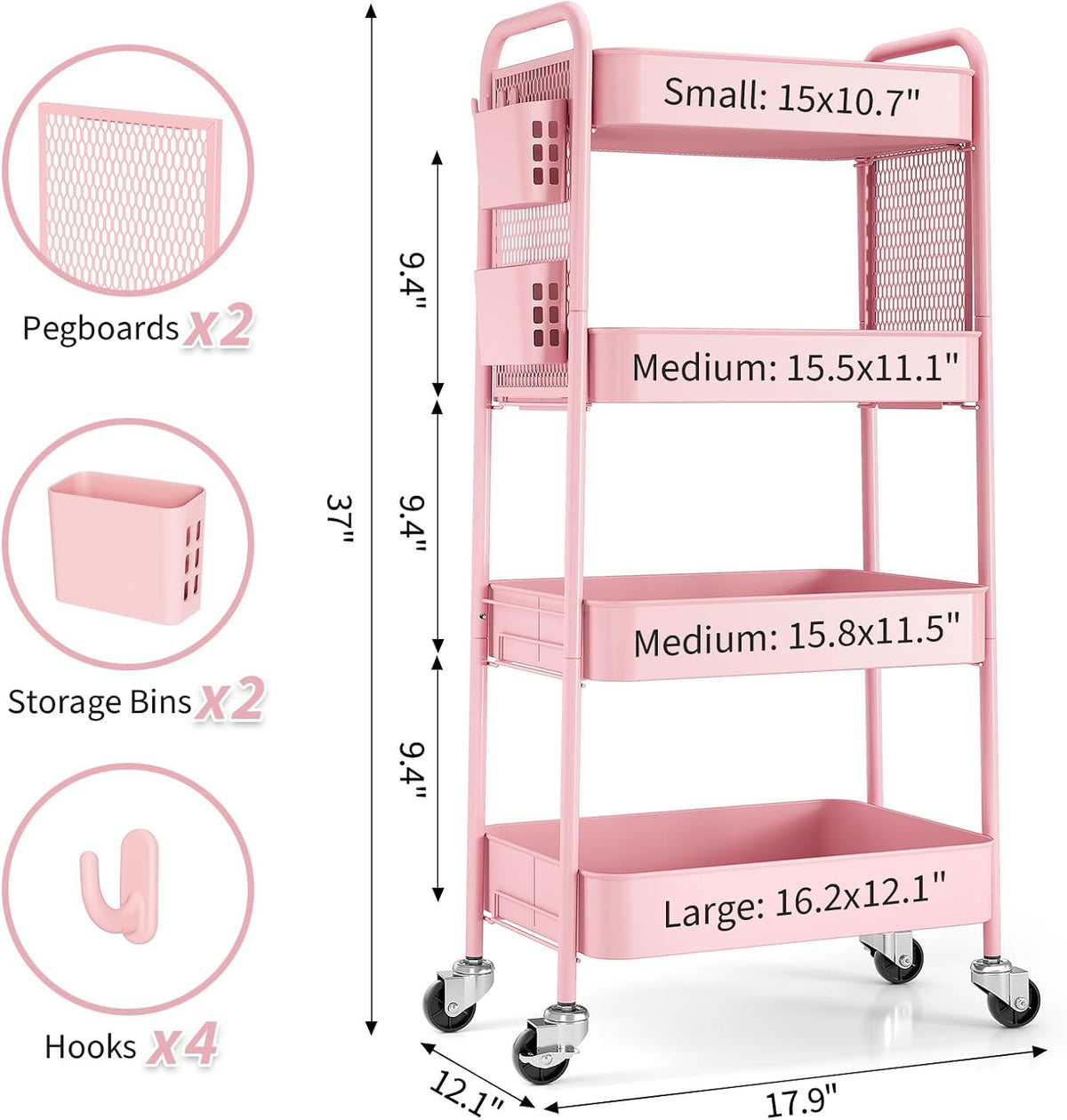 3 Tier Rolling Cart, Metal Utility Storage Cart with Pegboard, Green
